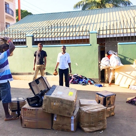 Charity boxes arriving in Kampala