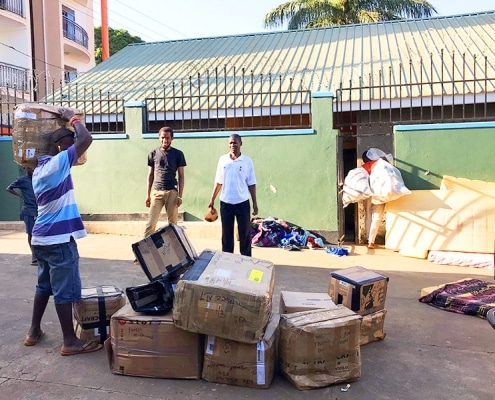 Charity boxes arriving in Kampala
