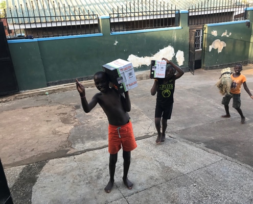 Boys unloading the shopping