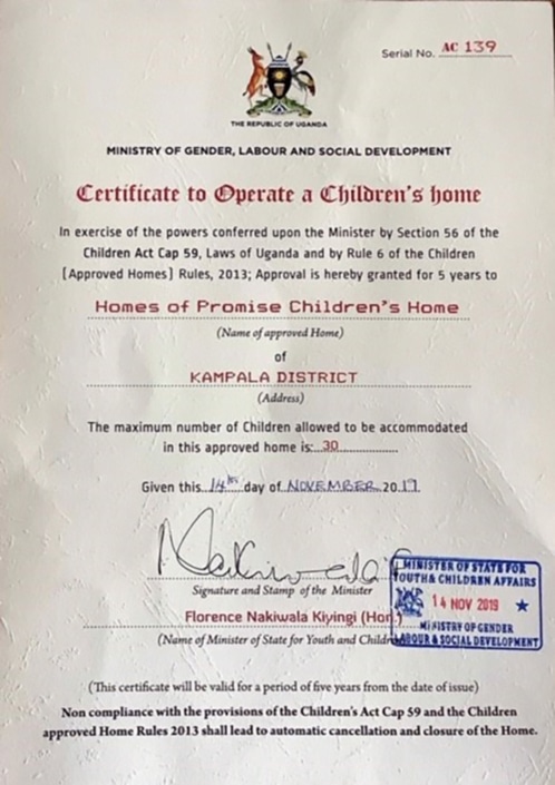 NGO Certificate to operate a Children's Home in Uganda