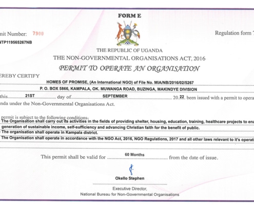 NGO Permit to operate an organisation Uganda - Form E