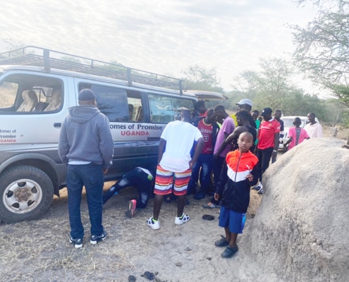 Charity bus broken down in Uganda's National Park